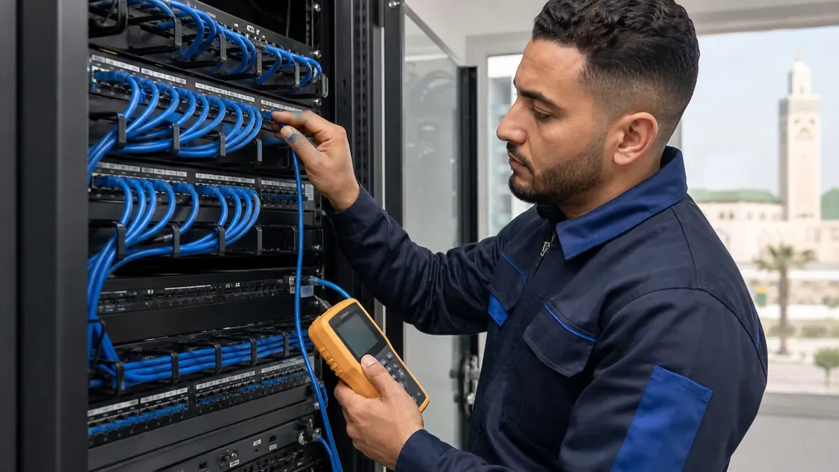 Installateur testant des câbles RJ45 organisés dans une baie de brassage