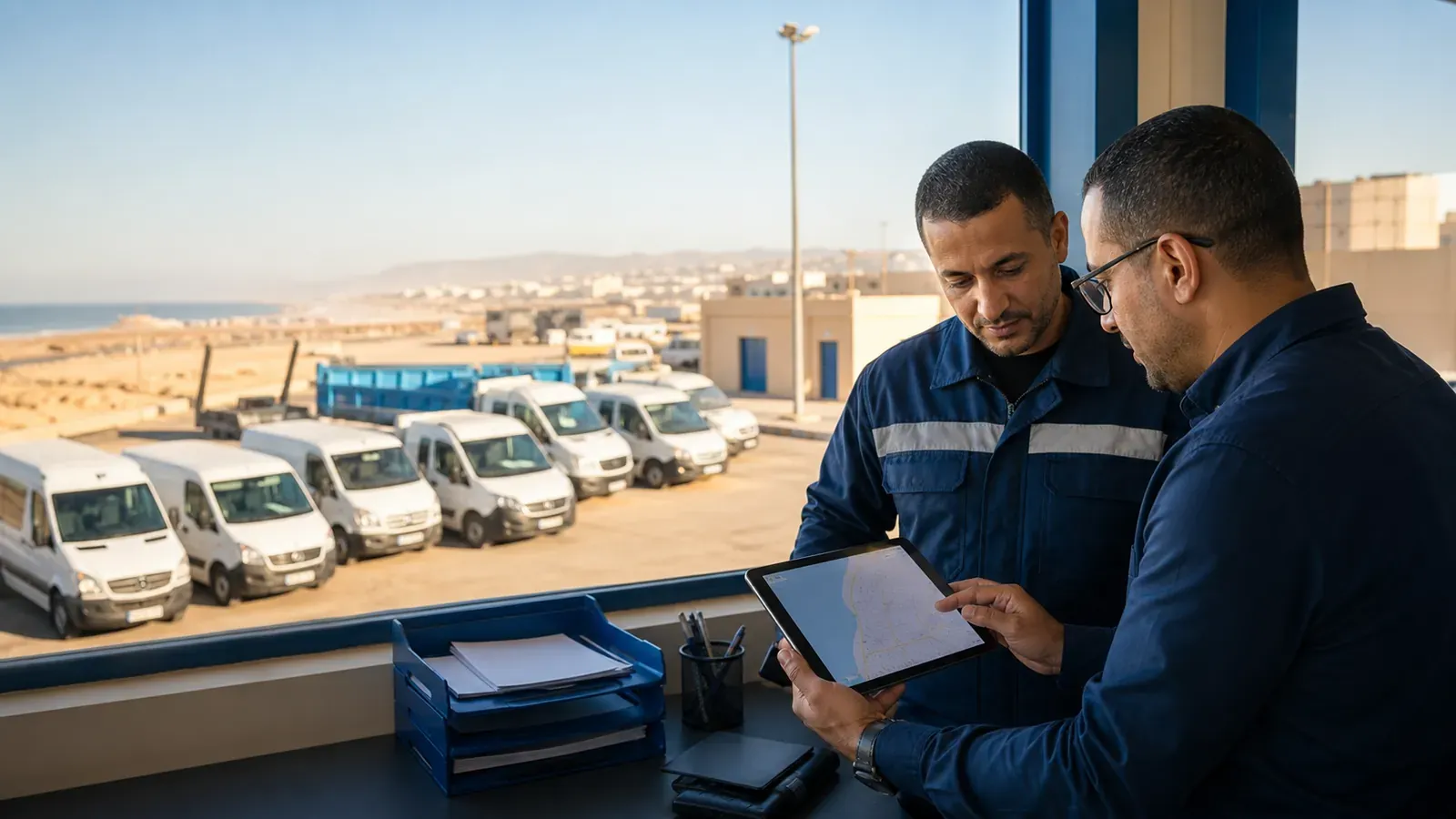 Deux techniciens consultant une carte de suivi GPS sur tablette devant une flotte de véhicules utilitaires à Dakhla