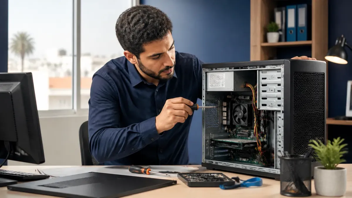 Technicien diagnostiquant les composants d’un ordinateur professionnel
