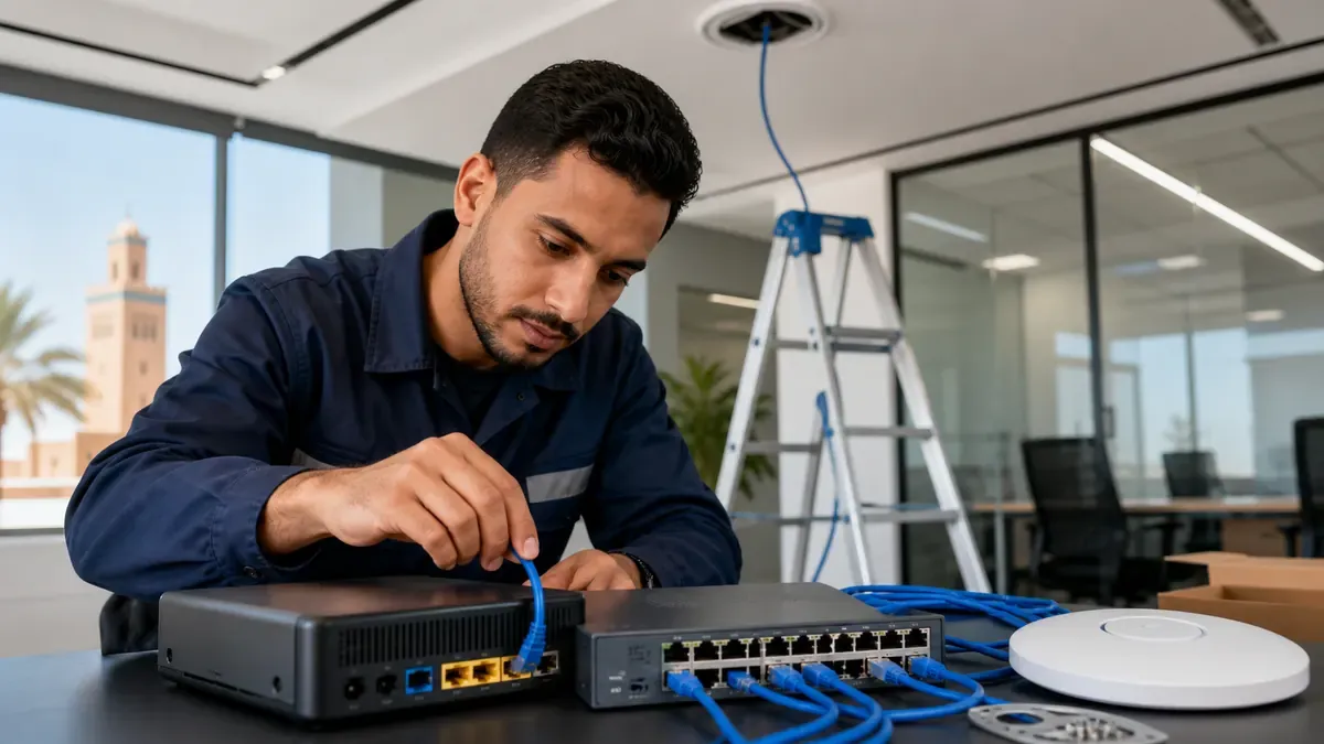 Technicien configurant un routeur, un switch et un point d’accès Wi-Fi